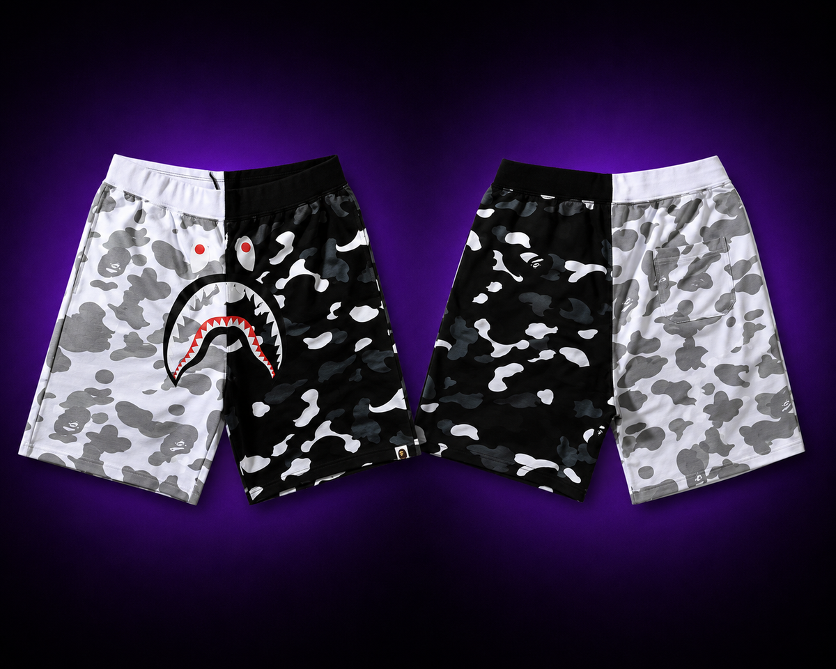 Bape Black & White Shark Camo Shorts